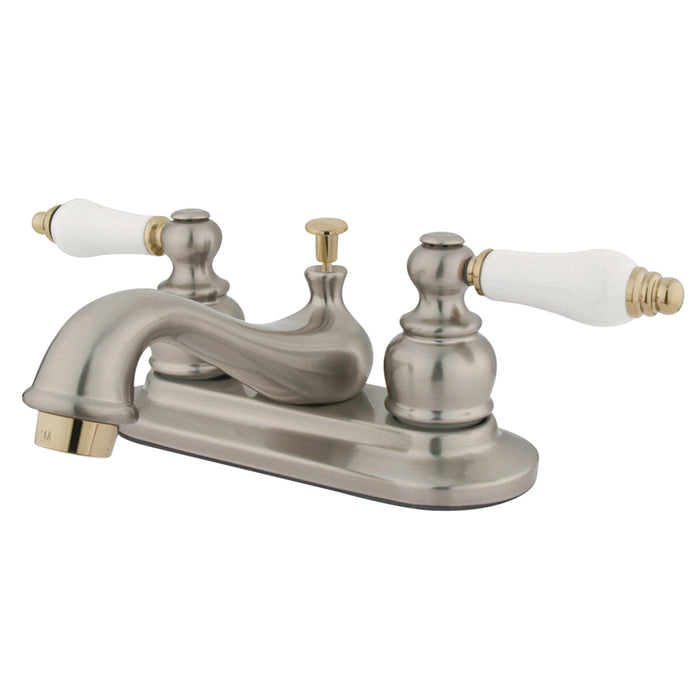 Kingston Heirloom GKB609B - Restoration Double-Handle 3-Hole Deck Mount 4-Inch Centerset Bathroom Faucet with Pop-Up Drain, Brushed Nickel/Polished Brass