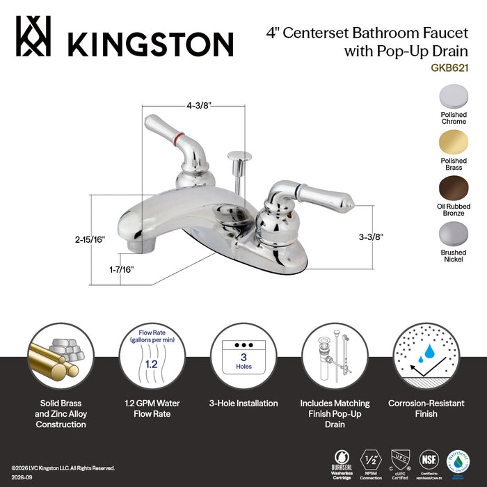 Kingston Tulare GKB622 - Magellan Double-Handle 3-Hole Deck Mount 4-Inch Centerset Bathroom Faucet with Pop-Up Drain, Polished Brass