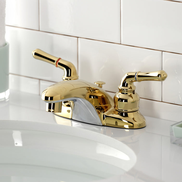 Kingston Tulare GKB622 - Magellan Double-Handle 3-Hole Deck Mount 4-Inch Centerset Bathroom Faucet with Pop-Up Drain, Polished Brass
