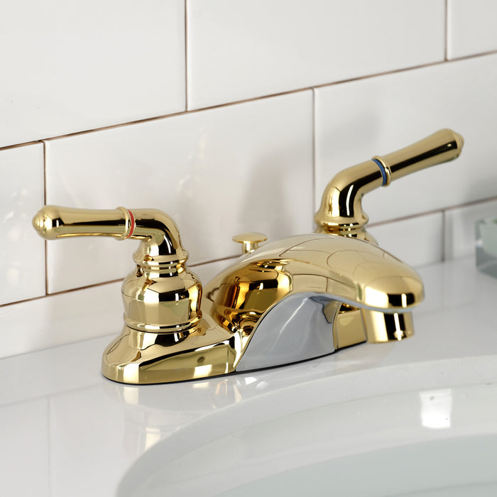 Kingston Tulare GKB622 - Magellan Double-Handle 3-Hole Deck Mount 4-Inch Centerset Bathroom Faucet with Pop-Up Drain, Polished Brass