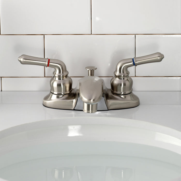 Kingston Tulare GKB628 - Magellan Double-Handle 3-Hole Deck Mount 4-Inch Centerset Bathroom Faucet with Pop-Up Drain, Brushed Nickel