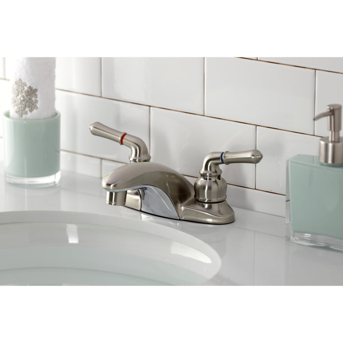 Kingston Tulare GKB628LP - Magellan Double-Handle 3-Hole Deck Mount 4-Inch Centerset Bathroom Faucet, Brushed Nickel
