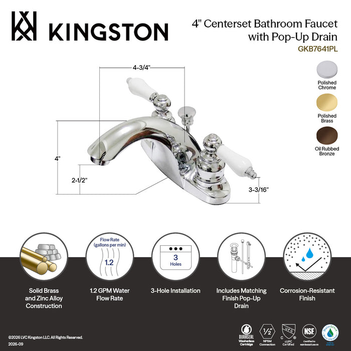 Kingston Heirloom GKB7642PL - English Country Double-Handle 3-Hole Deck Mount 4-Inch Centerset Bathroom Faucet with Pop-Up Drain, Polished Brass