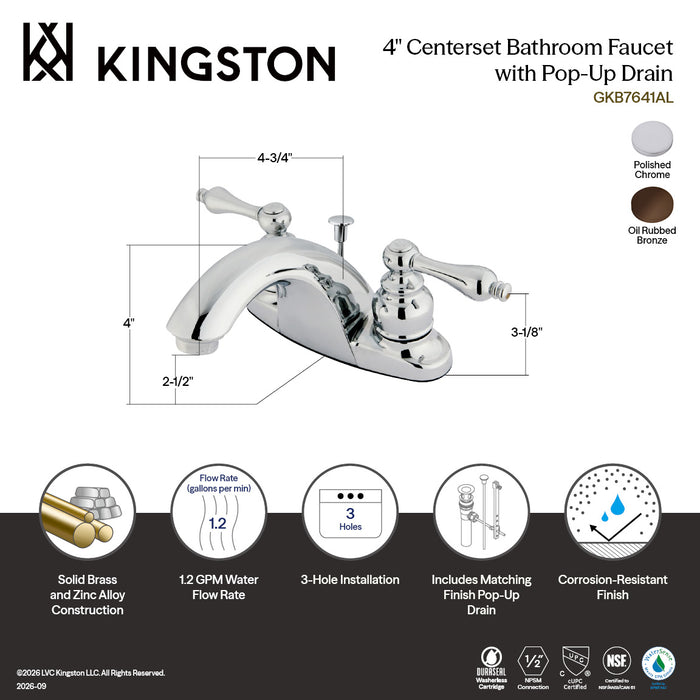 Kingston Heirloom GKB7645AL - English Country Double-Handle 3-Hole Deck Mount 4-Inch Centerset Bathroom Faucet with Pop-Up Drain, Oil Rubbed Bronze