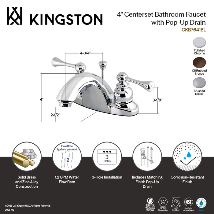 Kingston Tulare GKB7648BL - English Country Double-Handle 3-Hole Deck Mount 4-Inch Centerset Bathroom Faucet with Pop-Up Drain, Brushed Nickel