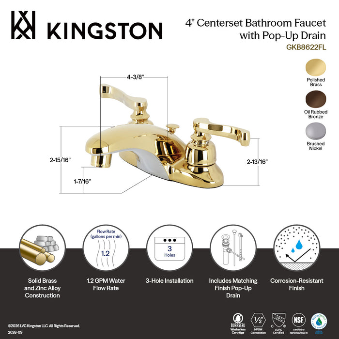 Kingston Tulare GKB8622FL - Royale Double-Handle 3-Hole Deck Mount 4-Inch Centerset Bathroom Faucet with Pop-Up Drain, Polished Brass
