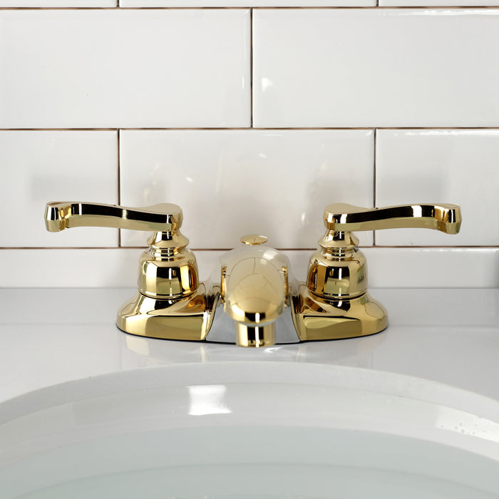 Kingston Tulare GKB8622FL - Royale Double-Handle 3-Hole Deck Mount 4-Inch Centerset Bathroom Faucet with Pop-Up Drain, Polished Brass