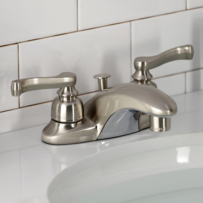 Kingston Tulare GKB8628FL - Royale Double-Handle 3-Hole Deck Mount 4-Inch Centerset Bathroom Faucet with Pop-Up Drain, Brushed Nickel