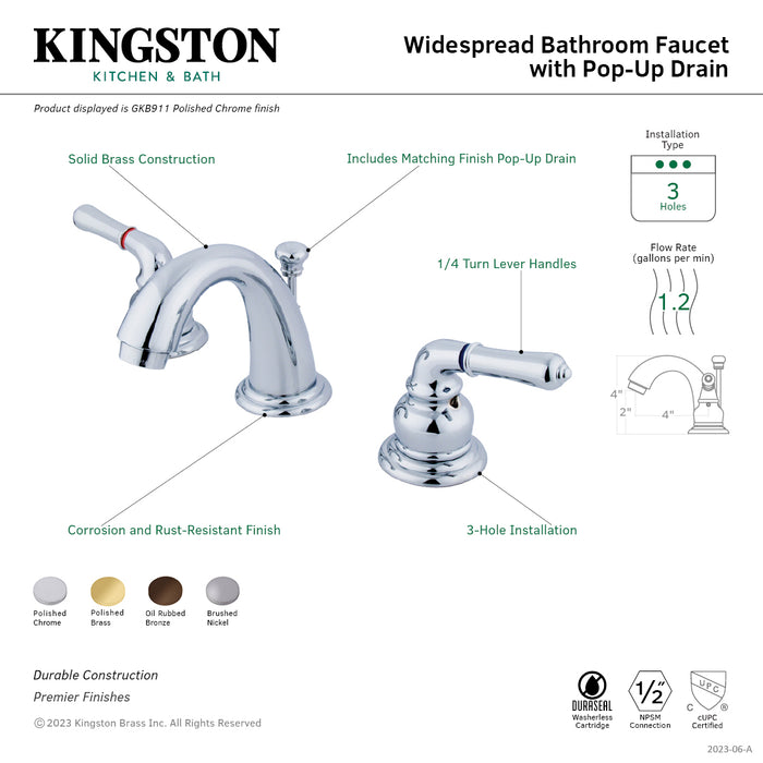 Kingston Tulare GKB911 - Magellan Two-Handle 3-Hole Deck Mount Widespread Bathroom Faucet with Pop-Up Drain, Polished Chrome