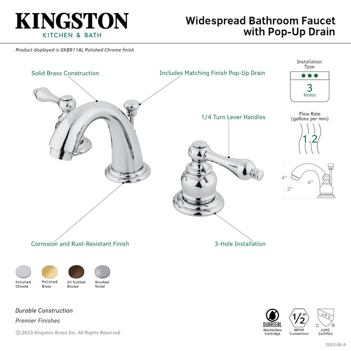 English Country GKB912AL Two-Handle 3-Hole Deck Mount Widespread Bathroom Faucet with Plastic Pop-Up, Polished Brass