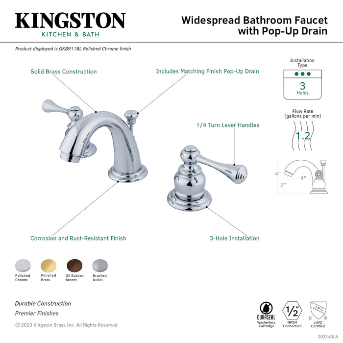 Kingston Tulare GKB912BL - Vintage Two-Handle 3-Hole Deck Mount Widespread Bathroom Faucet with Pop-Up Drain, Polished Brass