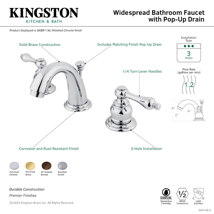 Kingston Heirloom GKB918AL - English Country Two-Handle 3-Hole Deck Mount Widespread Bathroom Faucet with Pop-Up Drain, Brushed Nickel