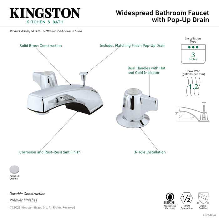 Kingston Tulare GKB920B - Americana Two-Handle 3-Hole Deck Mount Widespread Bathroom Faucet with Pop-Up Drain, Polished Chrome
