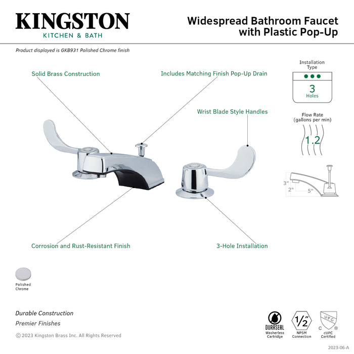 Kingston Vista GKB931 Two-Handle 3-Hole Deck Mount Widespread Bathroom Faucet with ABS Pop-Up Drain, Polished Chrome