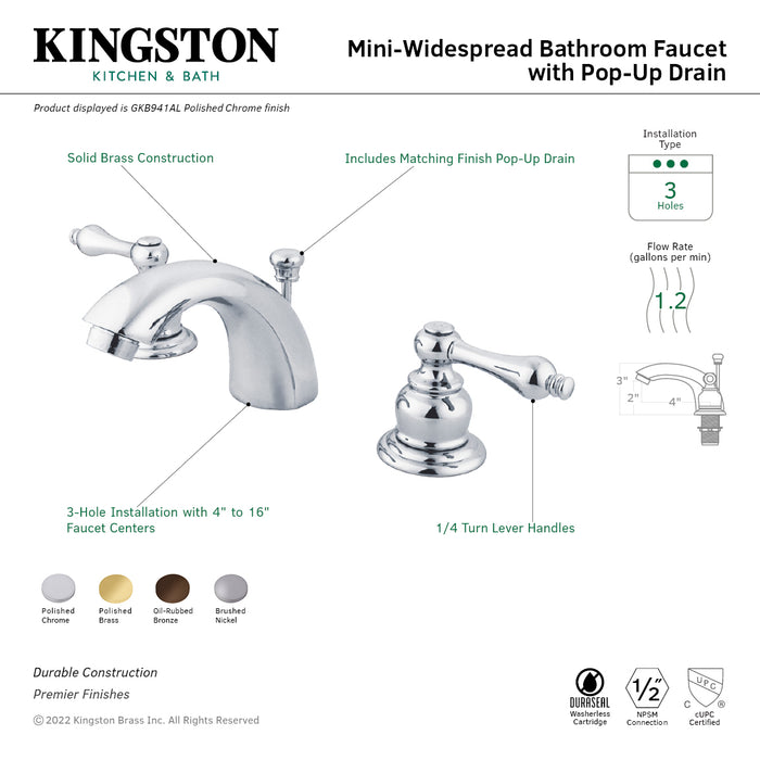 Kingston Heirloom GKB941AL - Magellan Two-Handle 3-Hole Deck Mount Mini-Widespread Bathroom Faucet with Pop-Up Drain, Polished Chrome
