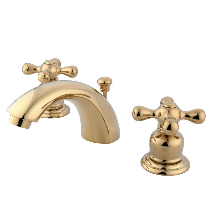 Kingston Heirloom GKB942AX - Magellan Two-Handle 3-Hole Deck Mount Mini-Widespread Bathroom Faucet with Pop-Up Drain, Polished Brass