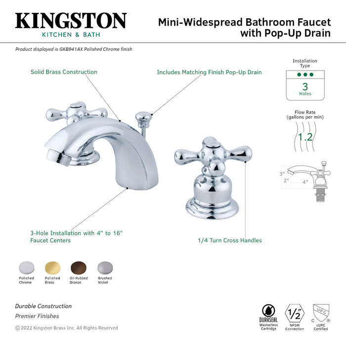 Kingston Heirloom GKB948AX - Magellan Two-Handle 3-Hole Deck Mount Mini-Widespread Bathroom Faucet with Pop-Up Drain, Brushed Nickel