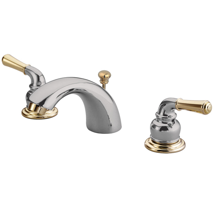 Kingston Tulare GKB954 - Magellan Two-Handle 3-Hole Deck Mount Mini-Widespread Bathroom Faucet with Pop-Up Drain, Polished Chrome/Polished Brass