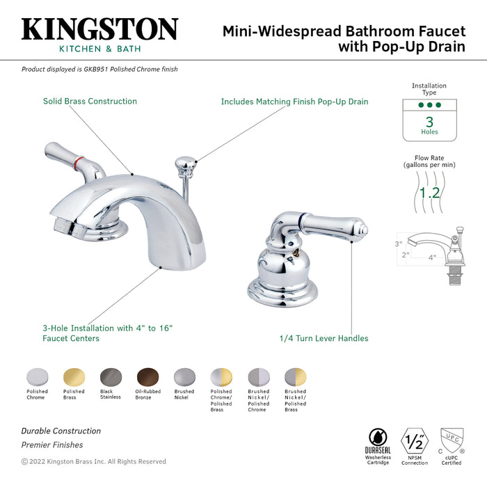 Kingston Tulare GKB955 - Magellan Two-Handle 3-Hole Deck Mount Mini-Widespread Bathroom Faucet with Pop-Up Drain, Oil Rubbed Bronze