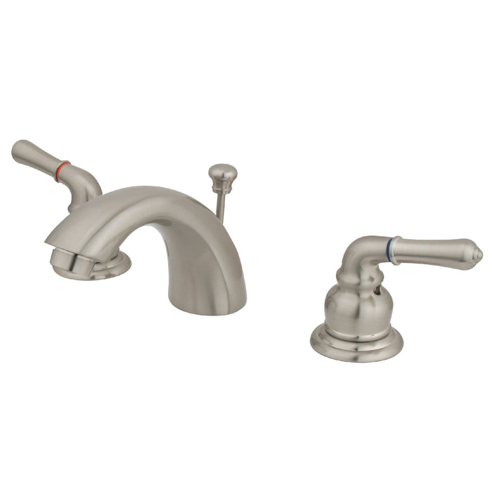 Kingston Tulare GKB958 - Magellan Two-Handle 3-Hole Deck Mount Mini-Widespread Bathroom Faucet with Pop-Up Drain, Brushed Nickel
