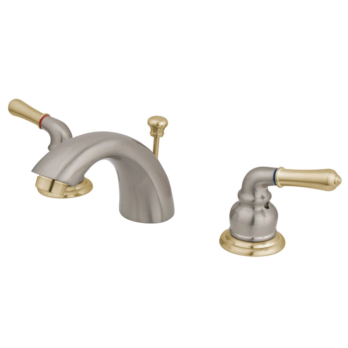Kingston Tulare GKB959 - Magellan Two-Handle 3-Hole Deck Mount Mini-Widespread Bathroom Faucet with Pop-Up Drain, Brushed Nickel/Polished Brass