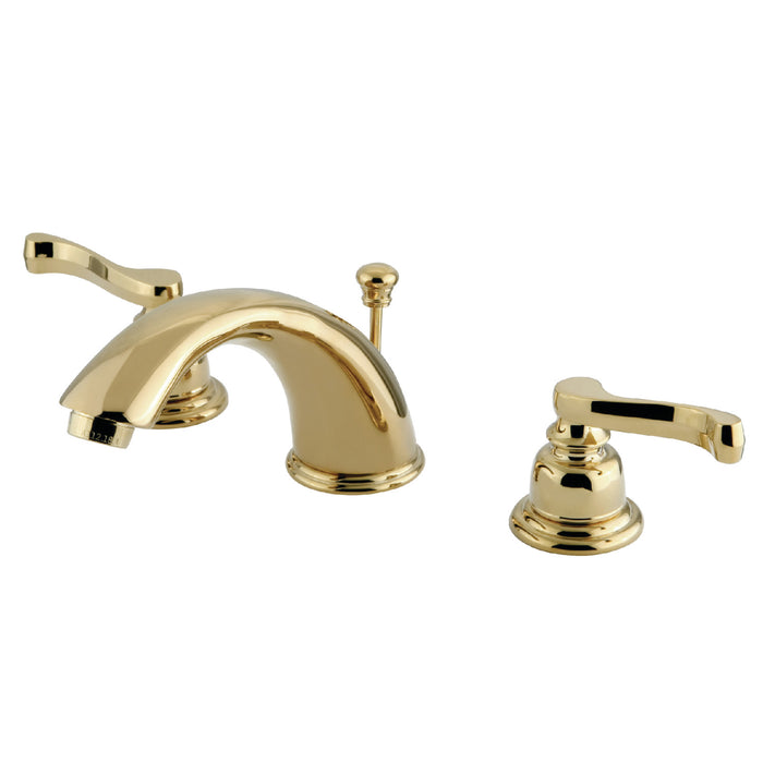 Kingston Tulare GKB962FL - Royale Two-Handle 3-Hole Deck Mount Widespread Bathroom Faucet with Pop-Up Drain, Polished Brass