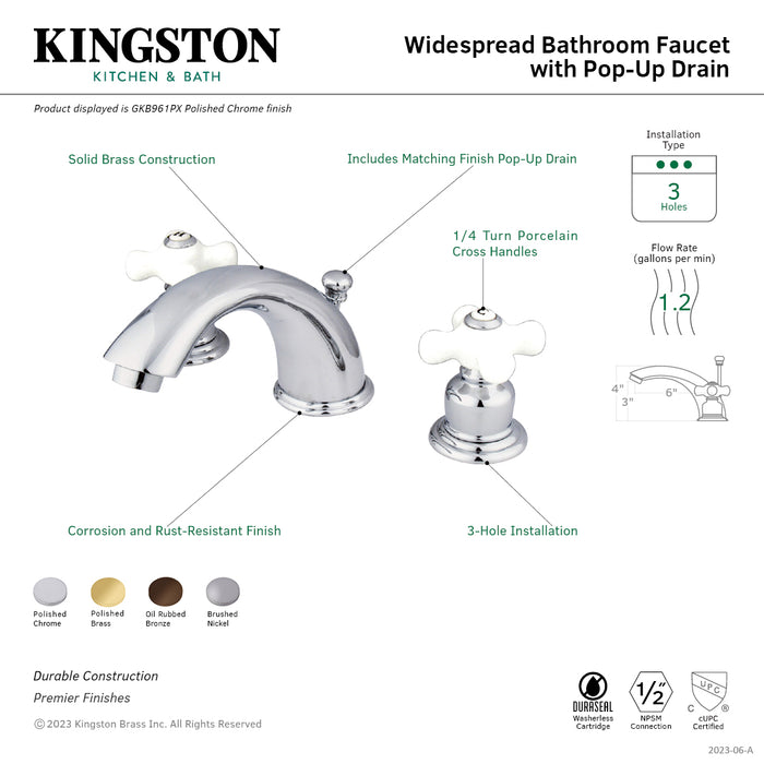 Kingston Heirloom GKB962PX - English Country Two-Handle 3-Hole Deck Mount Widespread Bathroom Faucet with Pop-Up Drain, Polished Brass