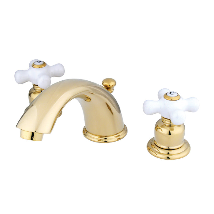 Kingston Heirloom GKB962PX - English Country Two-Handle 3-Hole Deck Mount Widespread Bathroom Faucet with Pop-Up Drain, Polished Brass