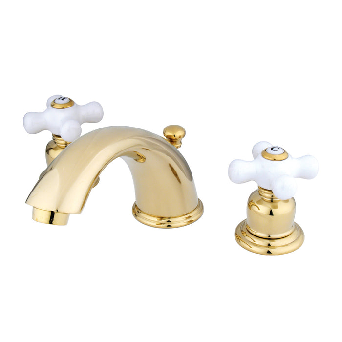 English Country GKB962PX Two-Handle 3-Hole Deck Mount Widespread Bathroom Faucet with Plastic Pop-Up, Polished Brass