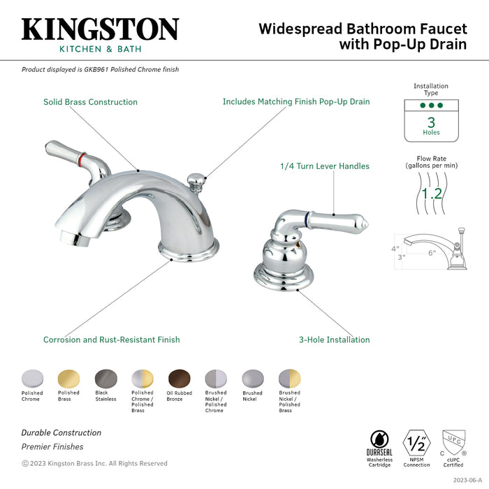 Kingston Tulare GKB965 - Magellan Two-Handle 3-Hole Deck Mount Widespread Bathroom Faucet with Pop-Up Drain, Oil Rubbed Bronze