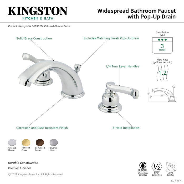 Kingston Tulare GKB965FL - Royale Two-Handle 3-Hole Deck Mount Widespread Bathroom Faucet with Pop-Up Drain, Oil Rubbed Bronze