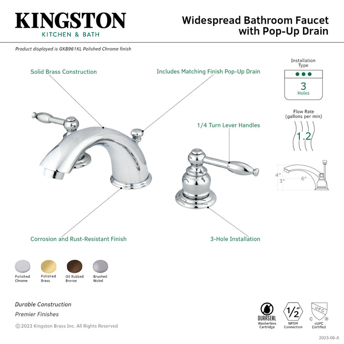 Kingston Heirloom GKB965KL - Knight Two-Handle 3-Hole Deck Mount Widespread Bathroom Faucet with Pop-Up Drain, Oil Rubbed Bronze