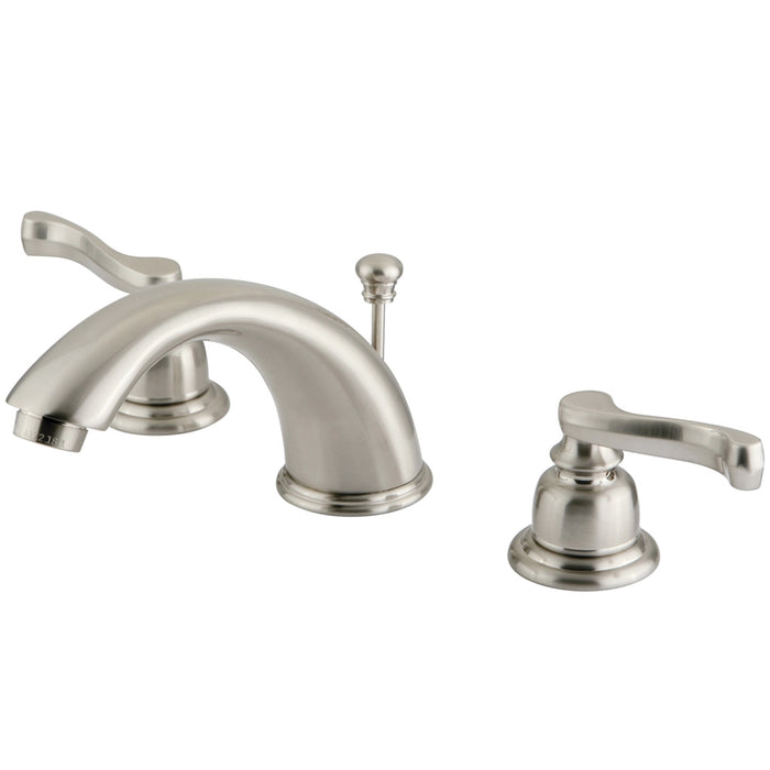Kingston Tulare GKB968FL - Royale Two-Handle 3-Hole Deck Mount Widespread Bathroom Faucet with Pop-Up Drain, Brushed Nickel