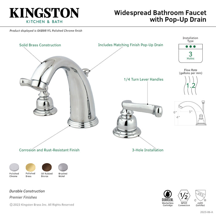 Kingston Tulare GKB981FL - Royale Two-Handle 3-Hole Deck Mount Widespread Bathroom Faucet with Pop-Up Drain, Polished Chrome