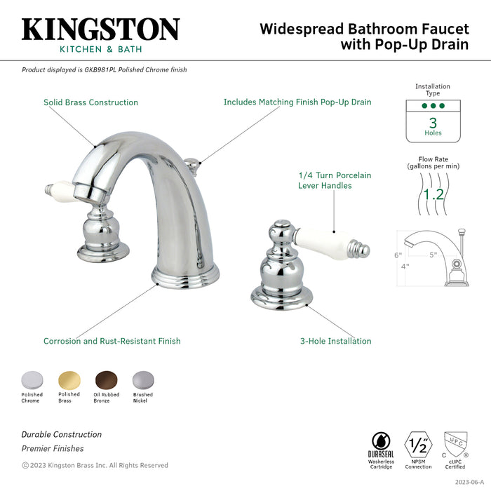 English Country GKB981PL Two-Handle 3-Hole Deck Mount Widespread Bathroom Faucet with Plastic Pop-Up, Polished Chrome