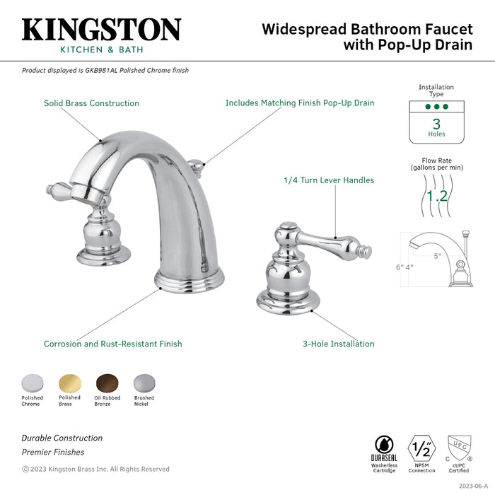 Kingston Heirloom GKB982AL - Victorian Two-Handle 3-Hole Deck Mount Widespread Bathroom Faucet with Pop-Up Drain, Polished Brass