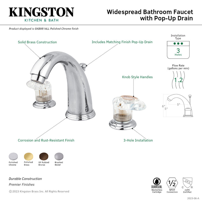 Kingston Tulare GKB982ALL - Victorian Two-Handle 3-Hole Deck Mount Widespread Bathroom Faucet with Pop-Up Drain, Polished Brass