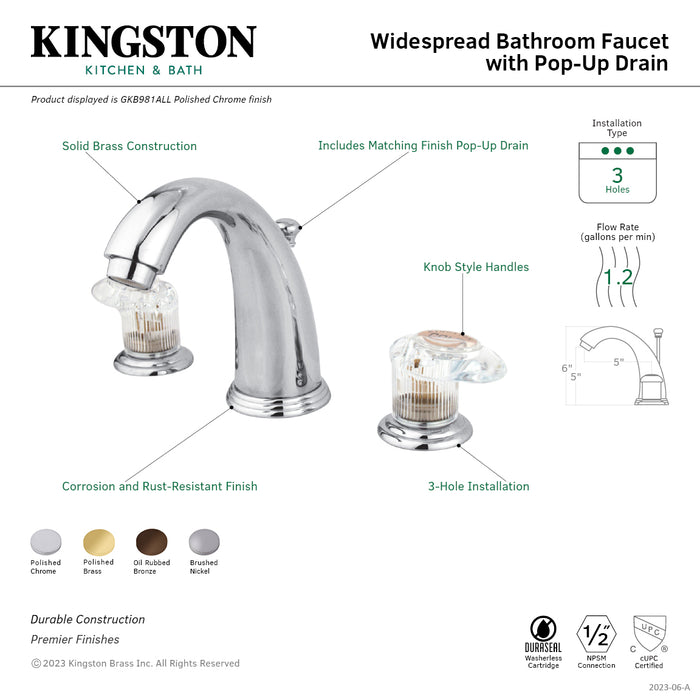 Victorian GKB982ALL Two-Handle 3-Hole Deck Mount Widespread Bathroom Faucet with Plastic Pop-Up, Polished Brass