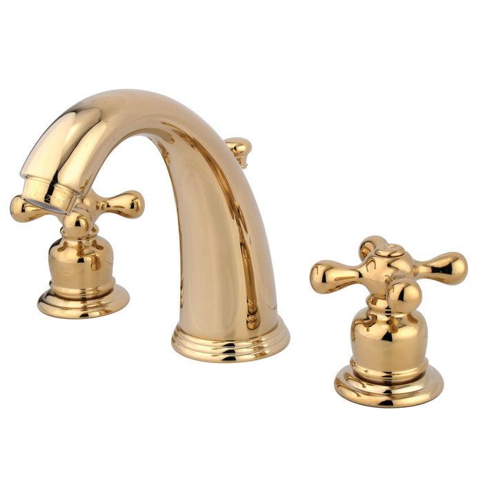 Victorian GKB982AX Two-Handle 3-Hole Deck Mount Widespread Bathroom Faucet with Plastic Pop-Up, Polished Brass