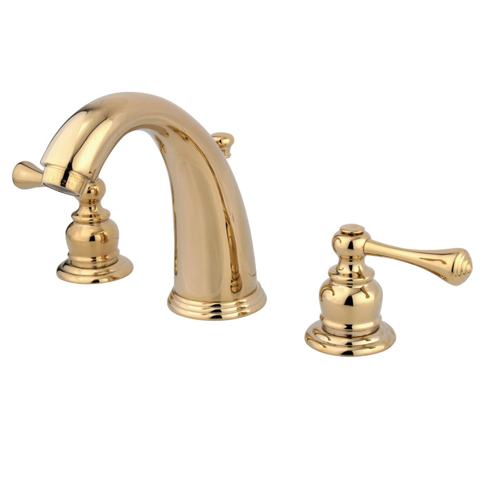 Vintage GKB982BL Two-Handle 3-Hole Deck Mount Widespread Bathroom Faucet with Plastic Pop-Up, Polished Brass