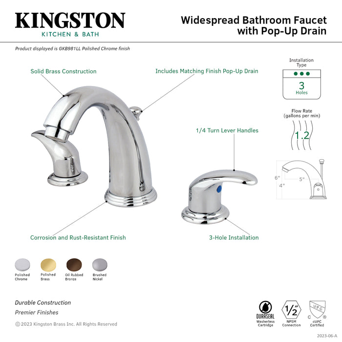 Kingston Tulare GKB982LL - Legacy Two-Handle 3-Hole Deck Mount Widespread Bathroom Faucet with Pop-Up Drain, Polished Brass