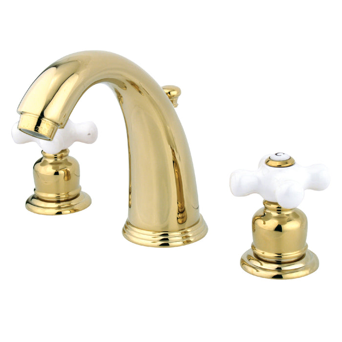 English Country GKB982PX Two-Handle 3-Hole Deck Mount Widespread Bathroom Faucet with Plastic Pop-Up, Polished Brass