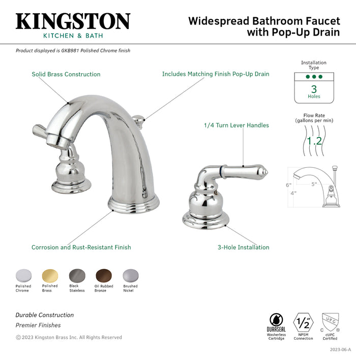 Kingston Tulare GKB983 - Magellan Two-Handle 3-Hole Deck Mount Widespread Bathroom Faucet with Pop-Up Drain, Black Stainless