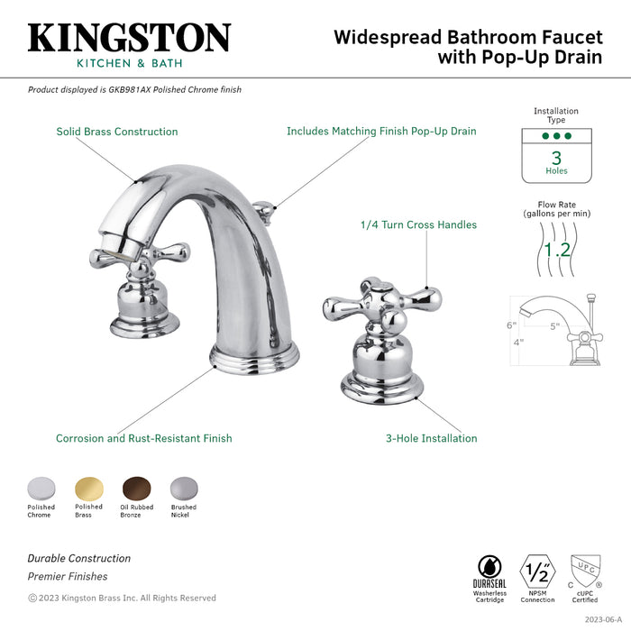 Kingston Heirloom GKB985AX - Victorian Two-Handle 3-Hole Deck Mount Widespread Bathroom Faucet with Pop-Up Drain, Oil Rubbed Bronze
