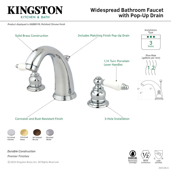 Kingston Heirloom GKB988PL - English Country Two-Handle 3-Hole Deck Mount Widespread Bathroom Faucet with Pop-Up Drain, Brushed Nickel