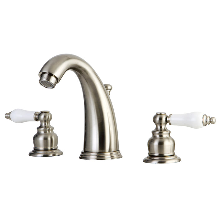 English Country GKB988PL Two-Handle 3-Hole Deck Mount Widespread Bathroom Faucet with Plastic Pop-Up, Brushed Nickel