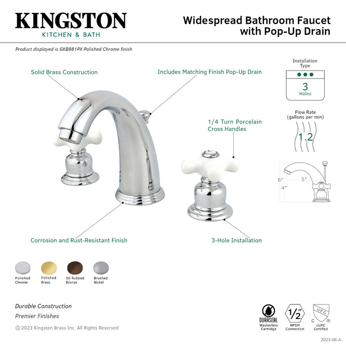 Kingston Heirloom GKB988PX - English Country Two-Handle 3-Hole Deck Mount Widespread Bathroom Faucet with Pop-Up Drain, Brushed Nickel