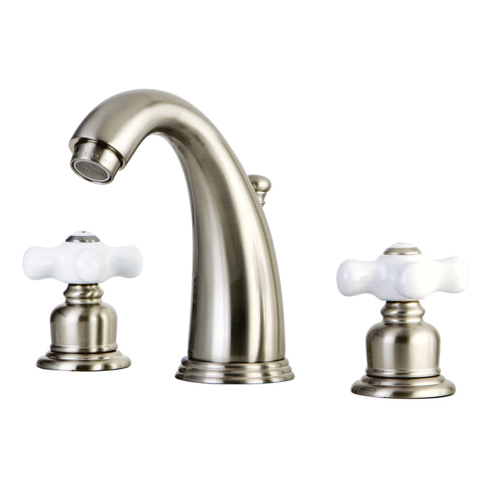 English Country GKB988PX Two-Handle 3-Hole Deck Mount Widespread Bathroom Faucet with Plastic Pop-Up, Brushed Nickel