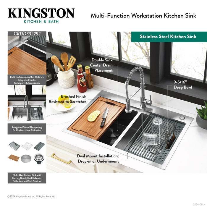 Kingston Sona GKDD332292 - Uptowne 33-Inch Stainless Steel Double Bowl Dual Mount Kitchen Sink with 6-Piece Kitchen Accessory Set, Brushed