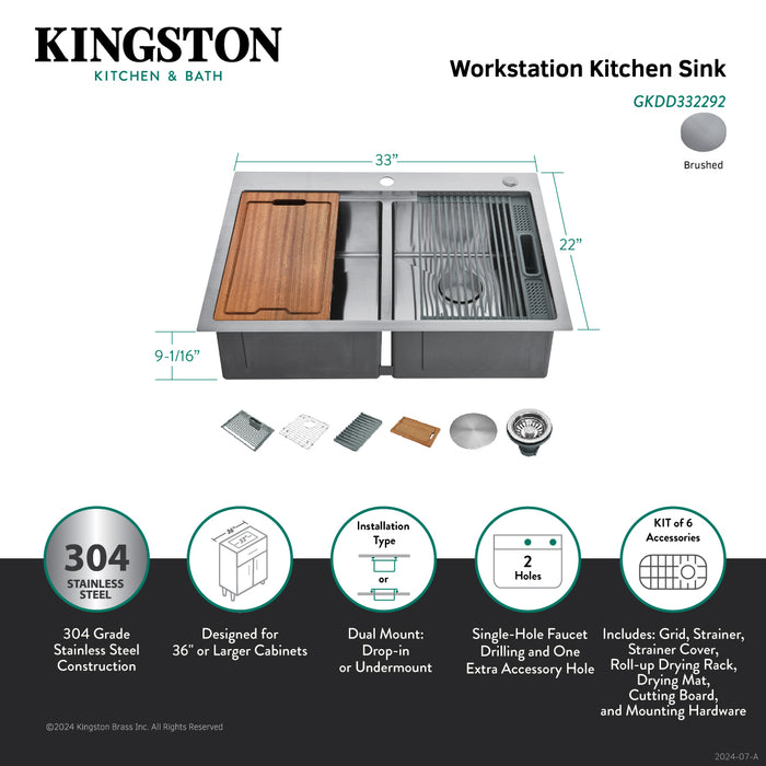 Kingston Sona GKDD332292 - Uptowne 33-Inch Stainless Steel Double Bowl Dual Mount Kitchen Sink with 6-Piece Kitchen Accessory Set, Brushed